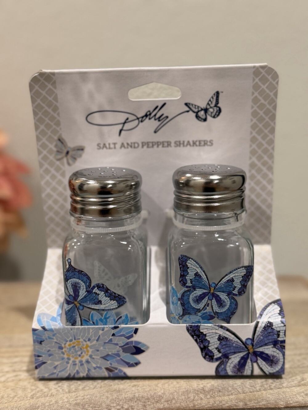 Dolly Parton Butterfly Blue Mosaic Salt & Pepper Shakers Set 4” NEW